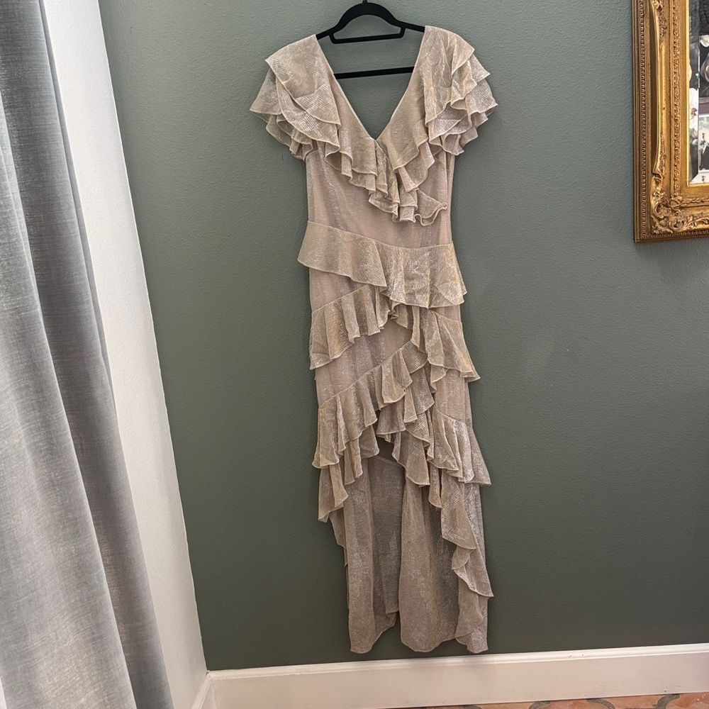 Badgley Mischka Georgette Gold Shimmer Tiered Gown Dress-Size 8